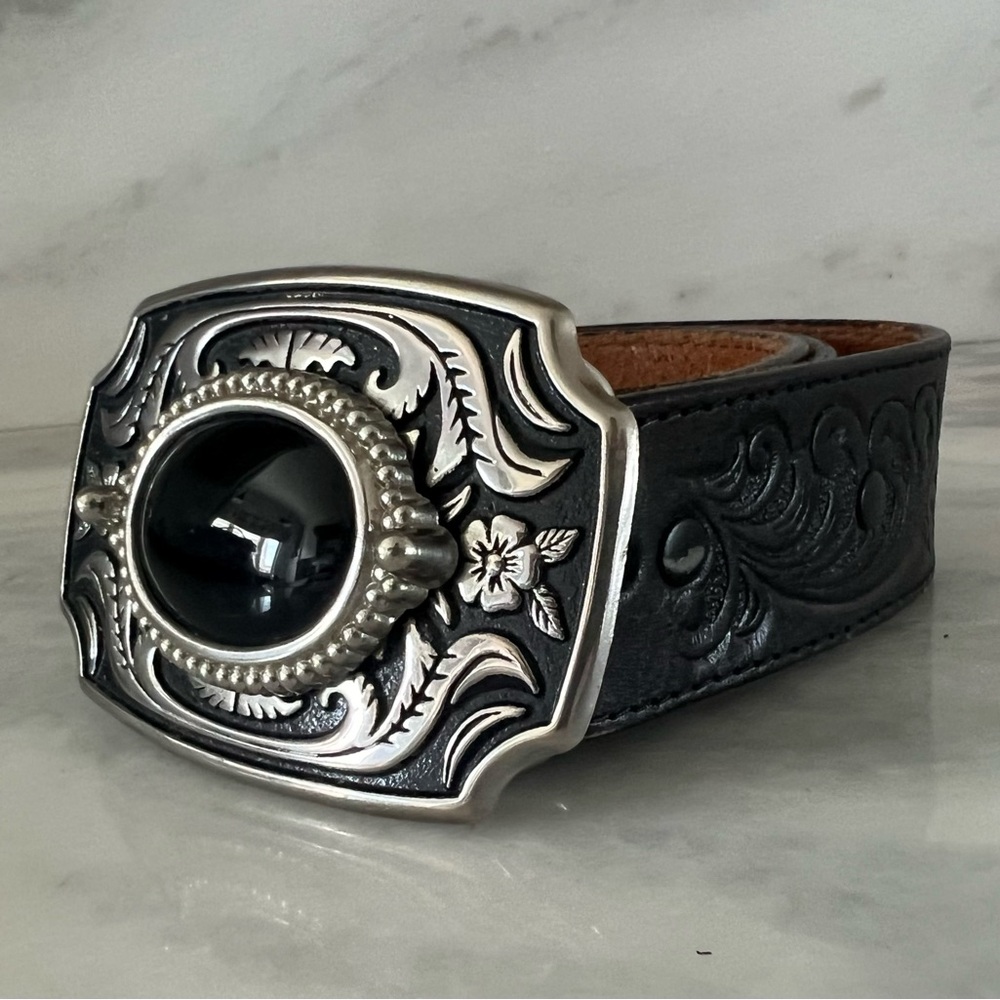 Justin Top Grain Men’s Size 36 Cowhide Western Floral Tooled Belt Silver Buckle - Picture 1 of 12